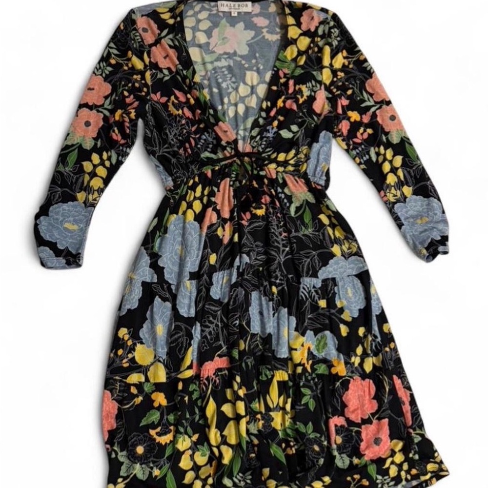 Hale Bob Vibrant Floral Long Sleeve Dress - Black, Yellow, Blue, Pink